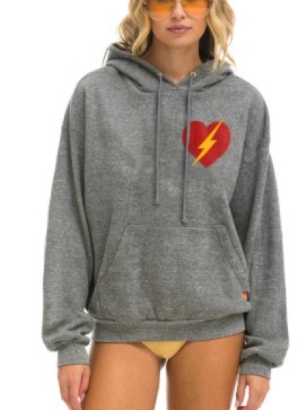 Aviator Nation Gray Hoodie with Red Heart & Yellow Lightning